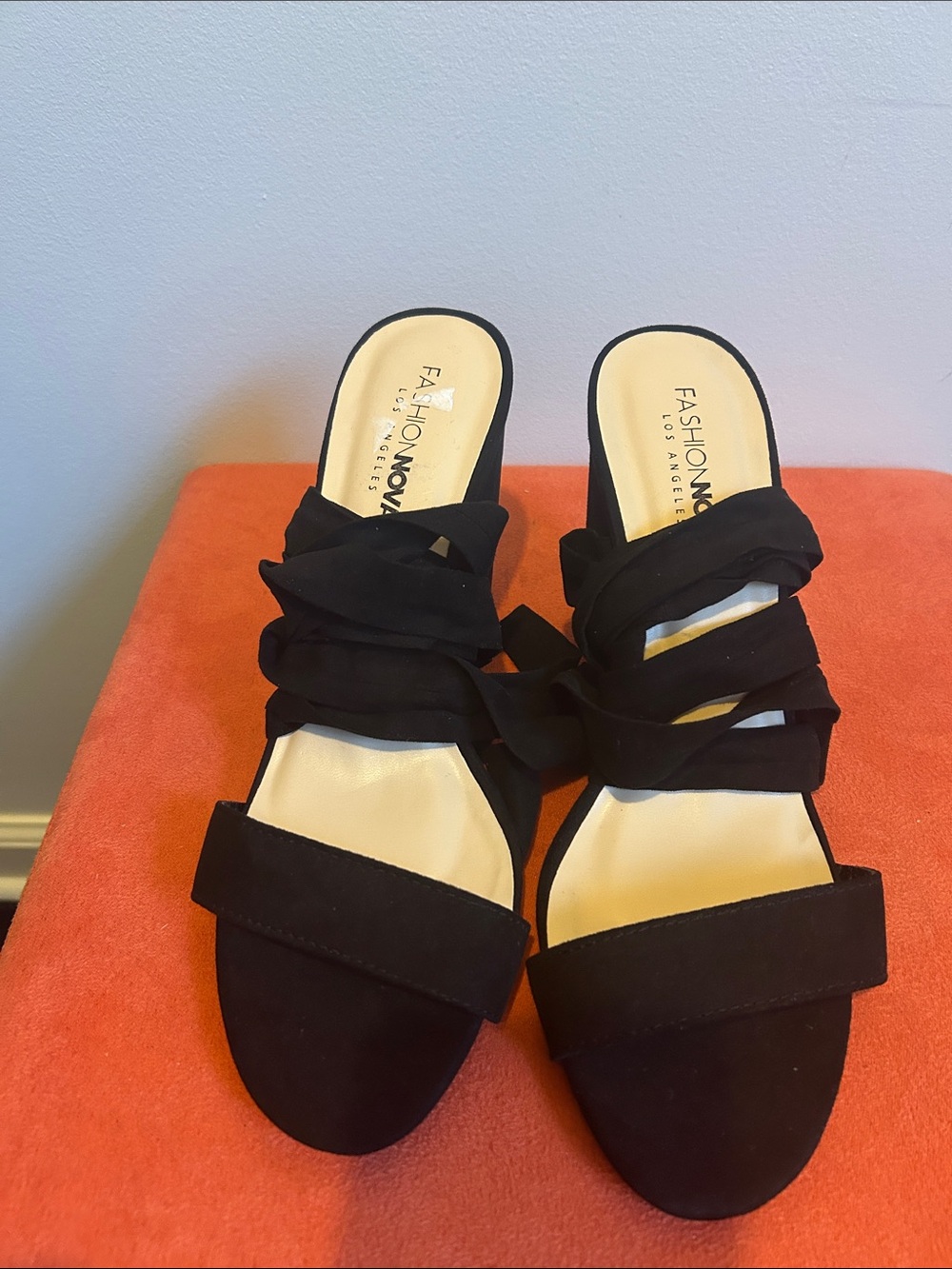 Fashion Nova Black Suede Wrap Tie Mules